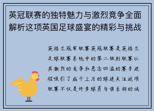 英冠联赛的独特魅力与激烈竞争全面解析这项英国足球盛宴的精彩与挑战 英冠联赛的独特魅力与激烈竞争全面解析这项英国足球盛宴的精彩与挑战