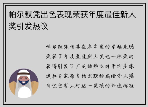 帕尔默凭出色表现荣获年度最佳新人奖引发热议